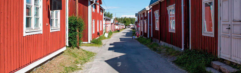 Red houses in a street in Scandinavia
